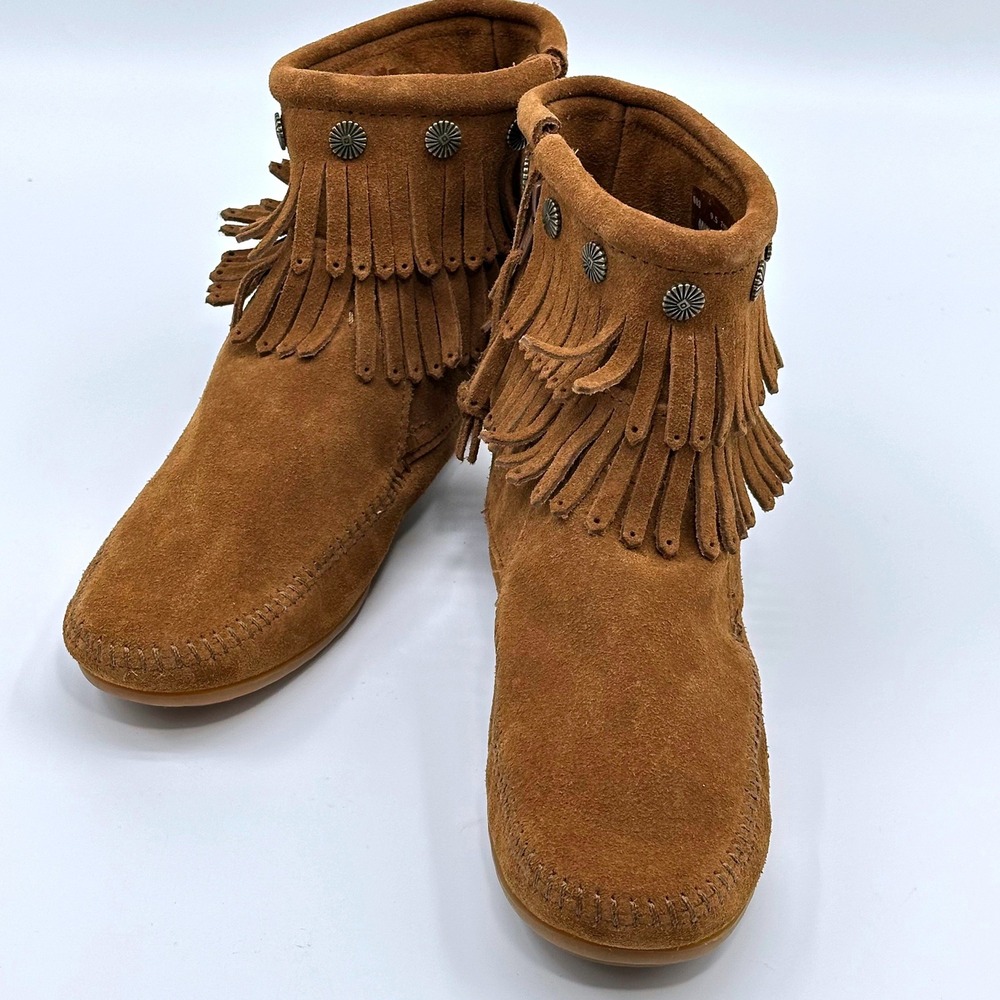 Minnetonka Women Brown Suede Double‎ Fringe Side Zip Concho Booties 693 Size 9.5